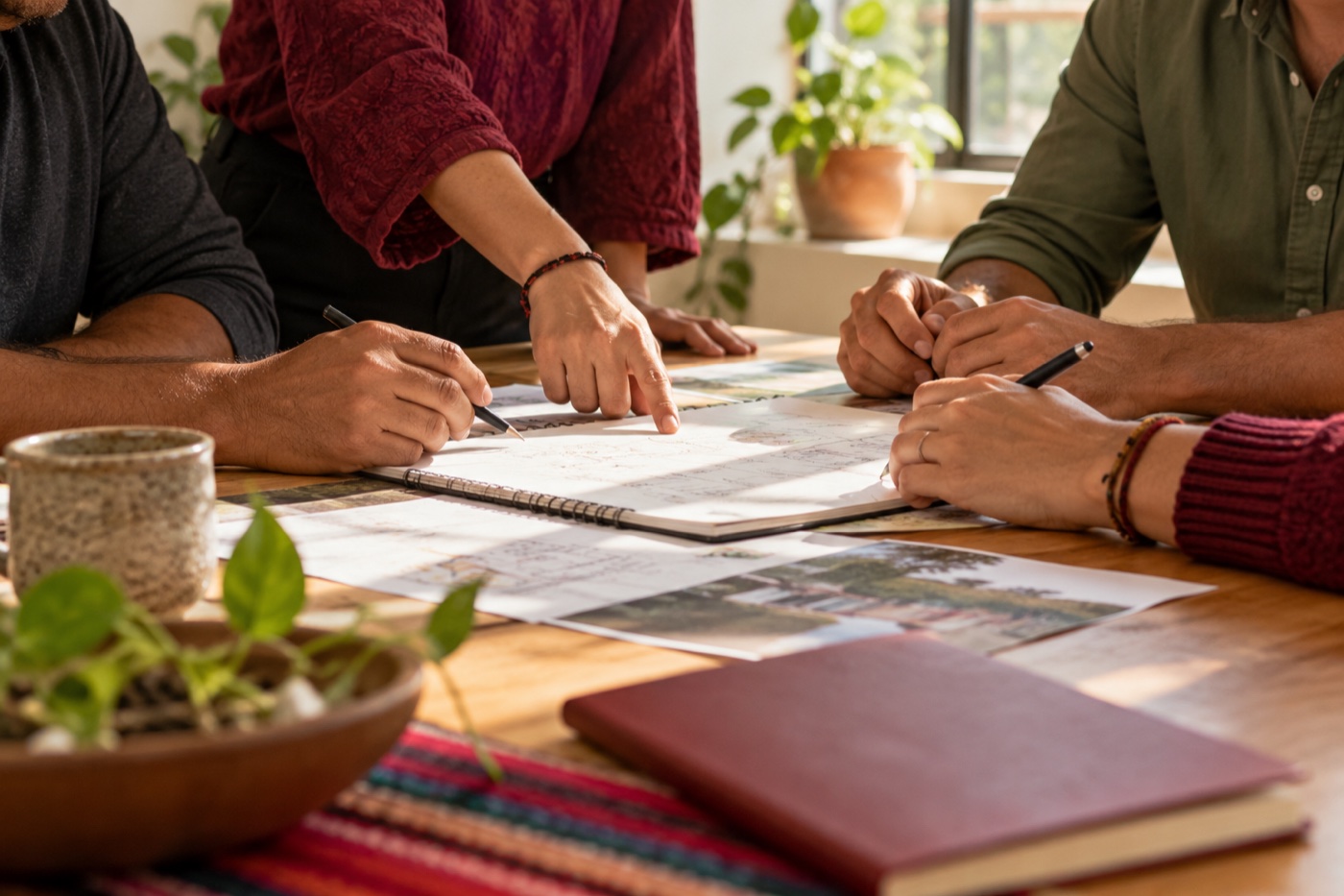 Manos de personas colaborando alrededor de una mesa de trabajo.